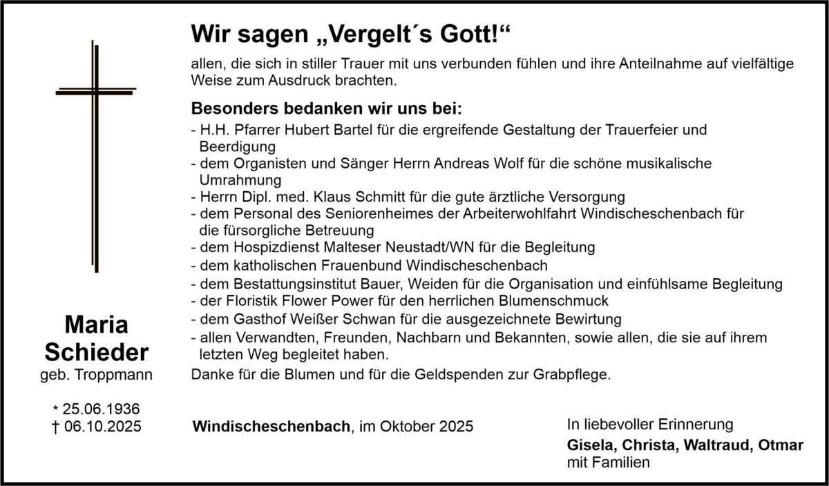 Danksagung Maria Schieder, Windischeschenbach