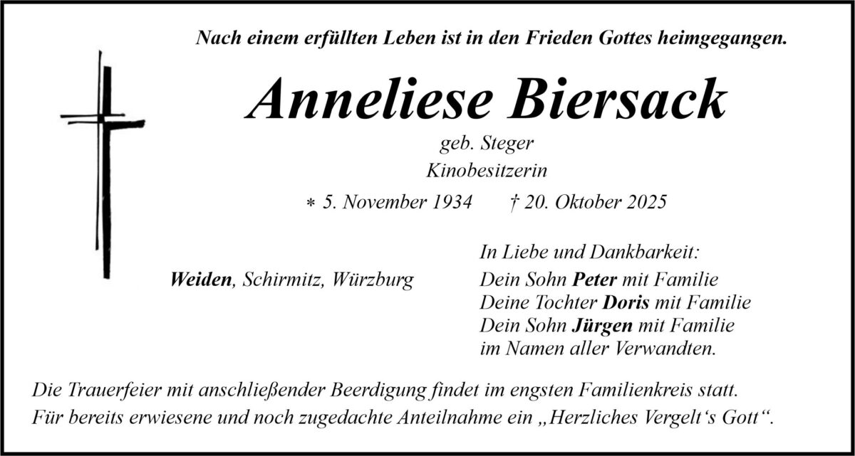Traueranzeige Anneliese Biersack, Weiden