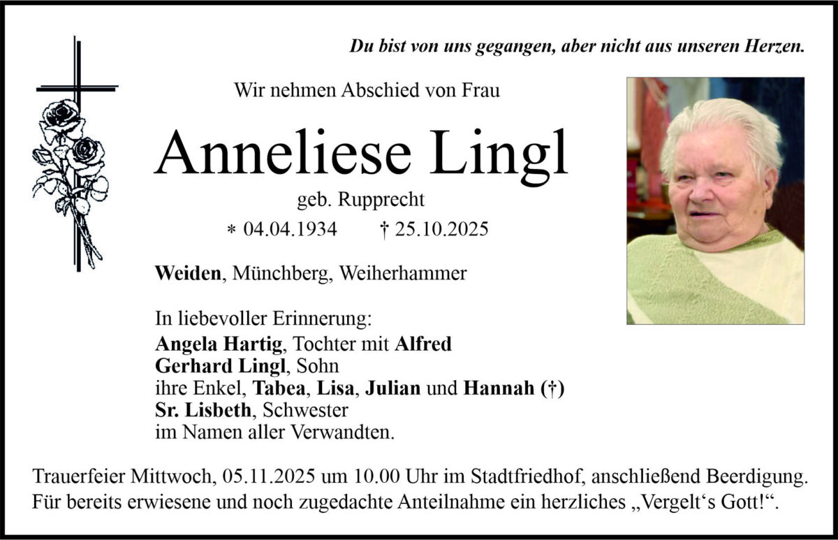 Traueranzeige Anneliese Lingl, Weiden