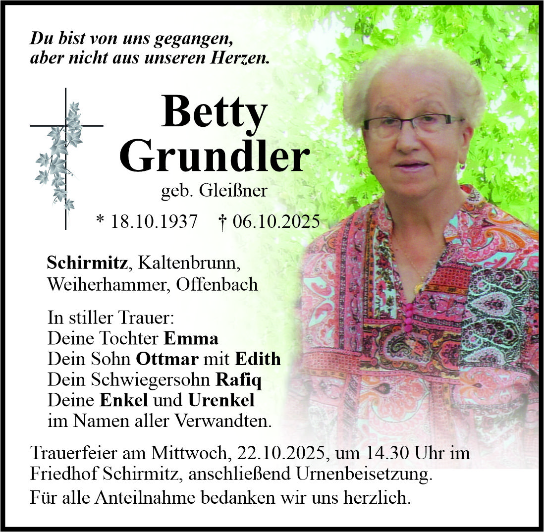 Traueranzeige Barbara Grundler, Schirmitz
