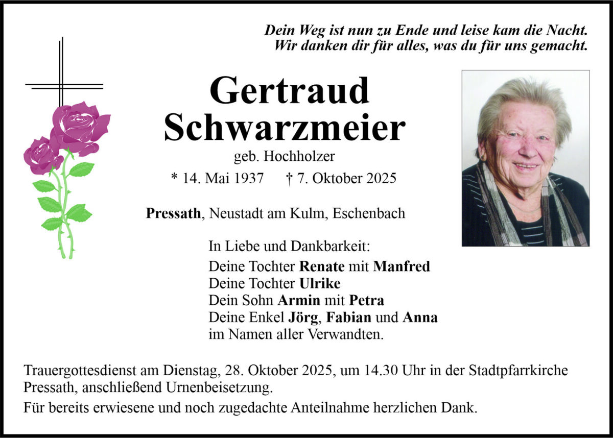 Traueranzeige Gertraud Schwarzmeier, Pressath