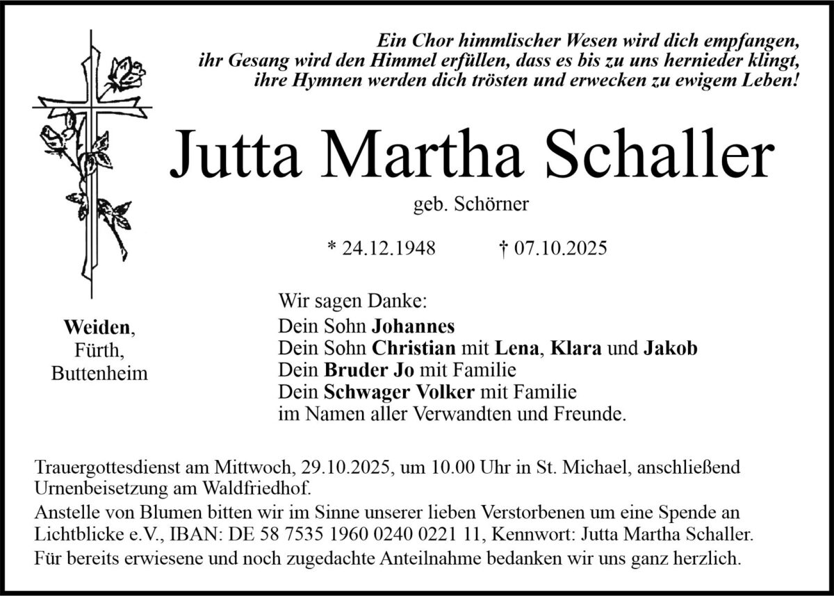 Traueranzeige Jutta Schaller, Weiden