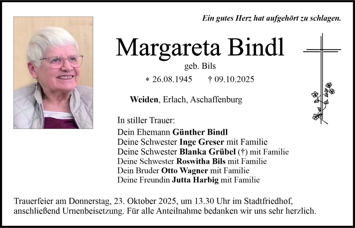 Traueranzeige Margareta Bindl, Weiden