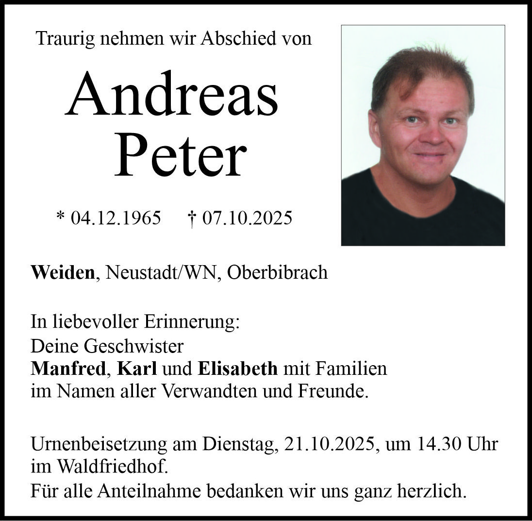 Traueranzeige Peter Andreas, Weiden