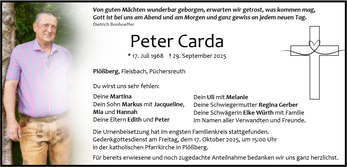 Traueranzeige Peter Carda, Plößberg