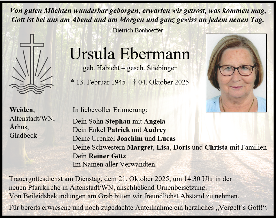 Traueranzeige Ursula Ebermann, Altenstadt/WN