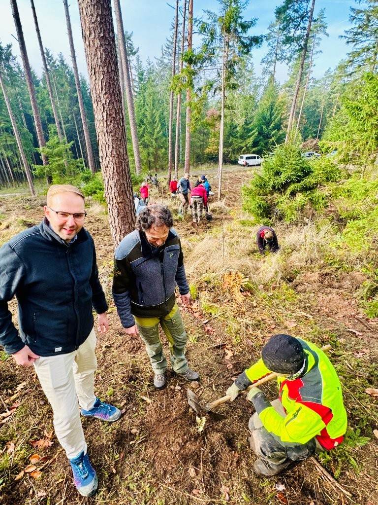 Freiwillige pflanzen Bäume im Quellschutzwald bei Amberg