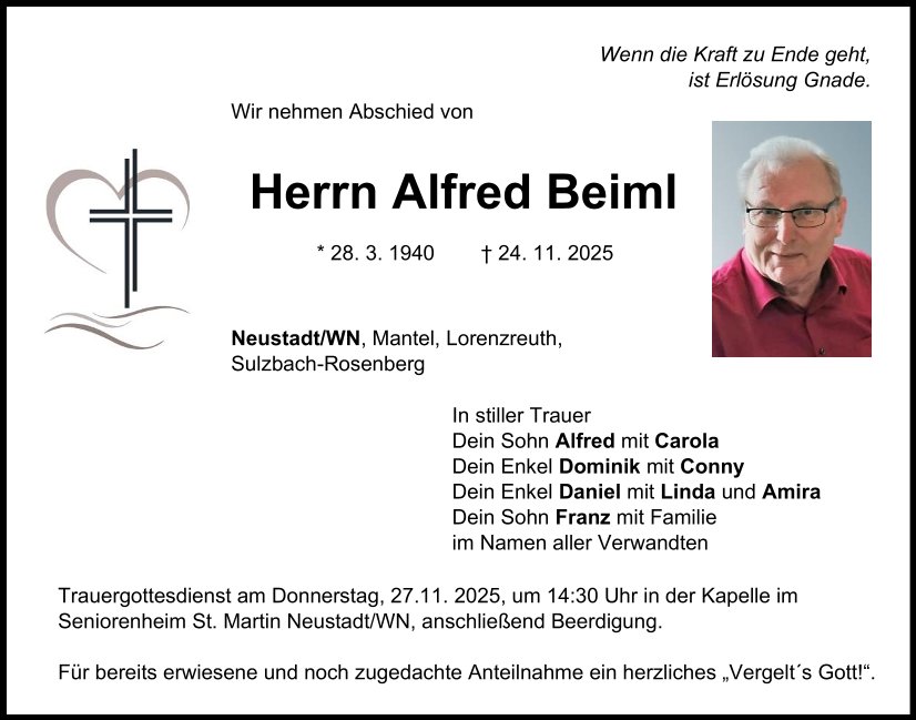 Traueranzeige Alfred Beiml, Neustadt/WN
