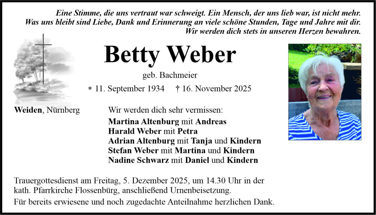 Traueranzeige Betty Weber, Weiden