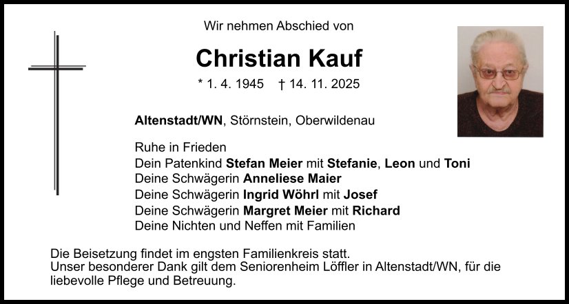 Traueranzeige Christian Kauf, Altenstadt/WN