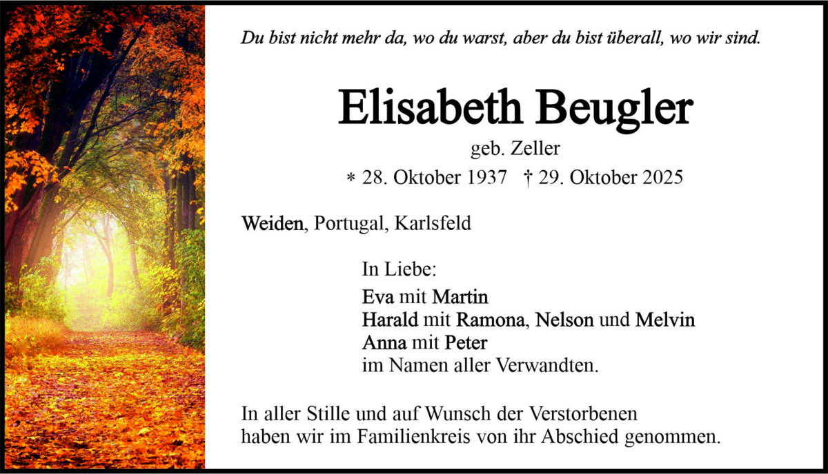Traueranzeige Elisabeth Beugler, Weiden