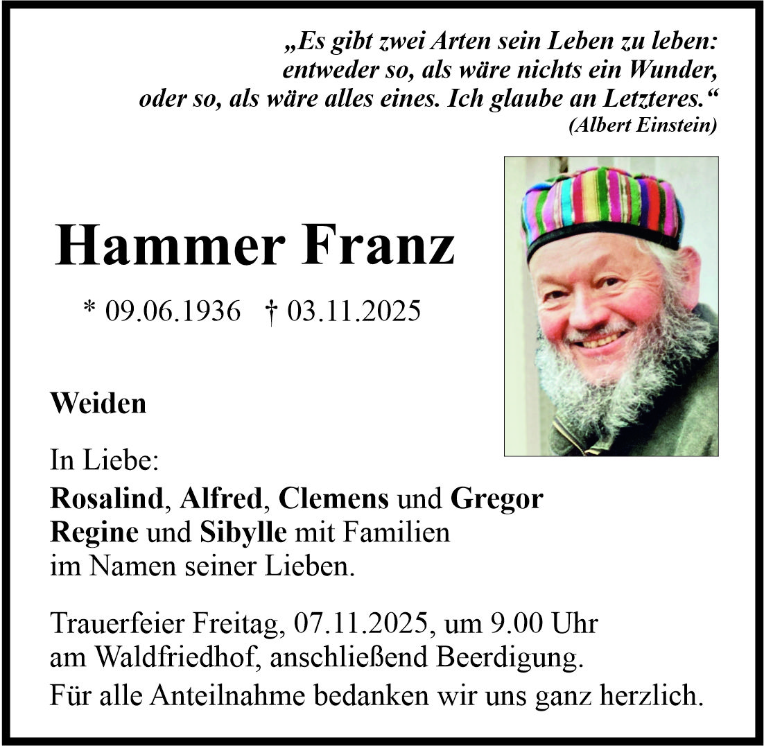Traueranzeige Franz Hammer, Weiden