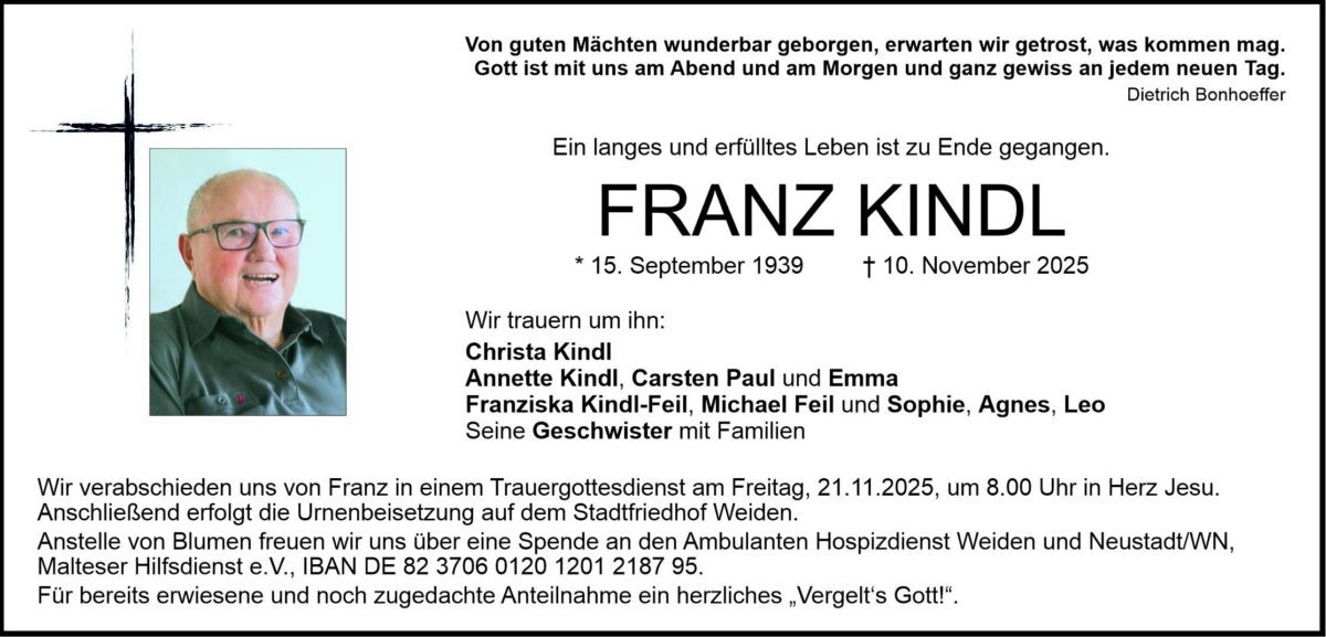 Traueranzeige Franz Kindl, Weiden