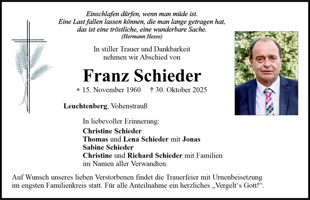 Traueranzeige Franz Schieder, Leuchtenberg