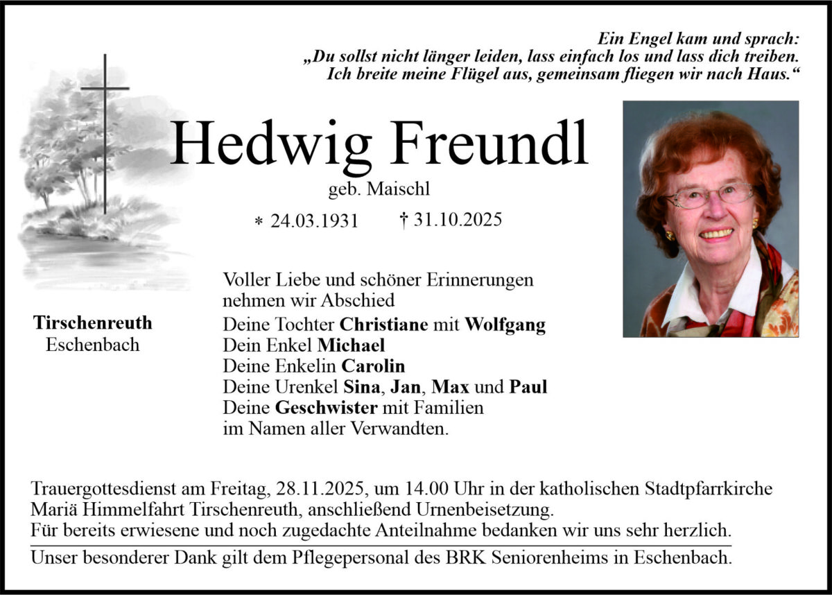 Traueranzeige Hedwig Freundl, Tirschenreuth