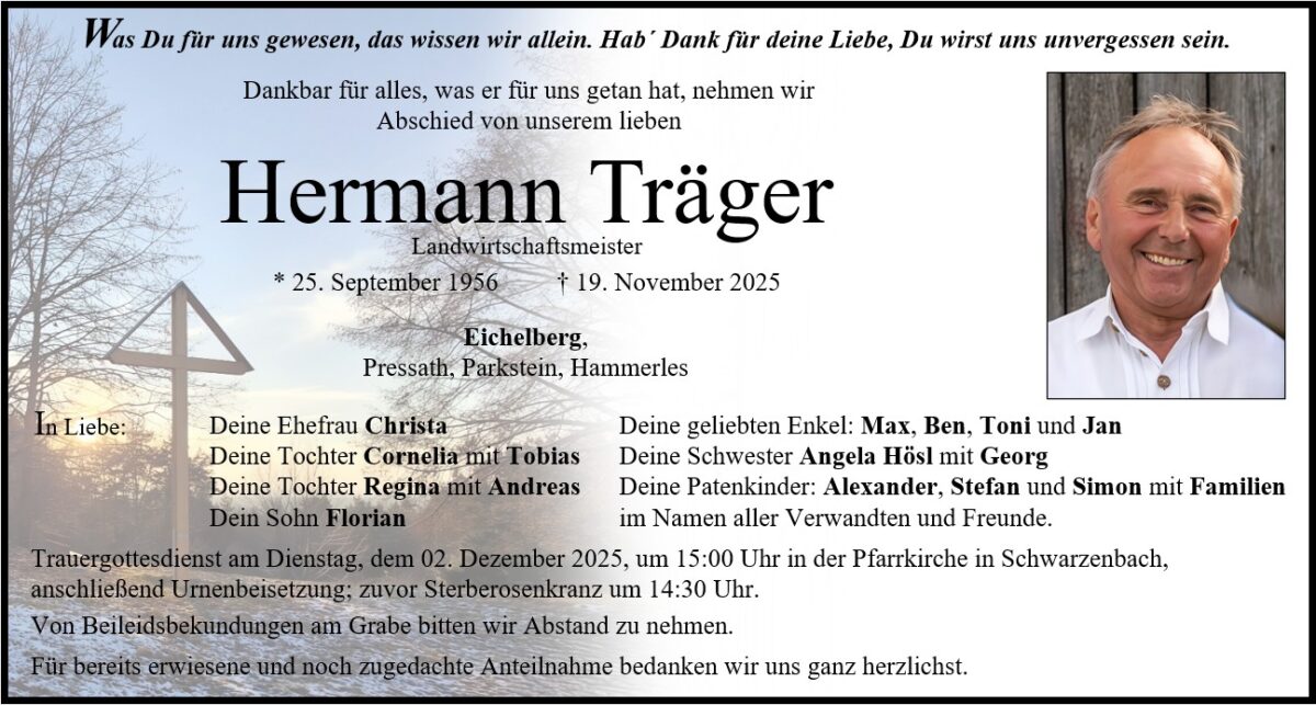 Traueranzeige Hermann Träger, Schwarzenbach