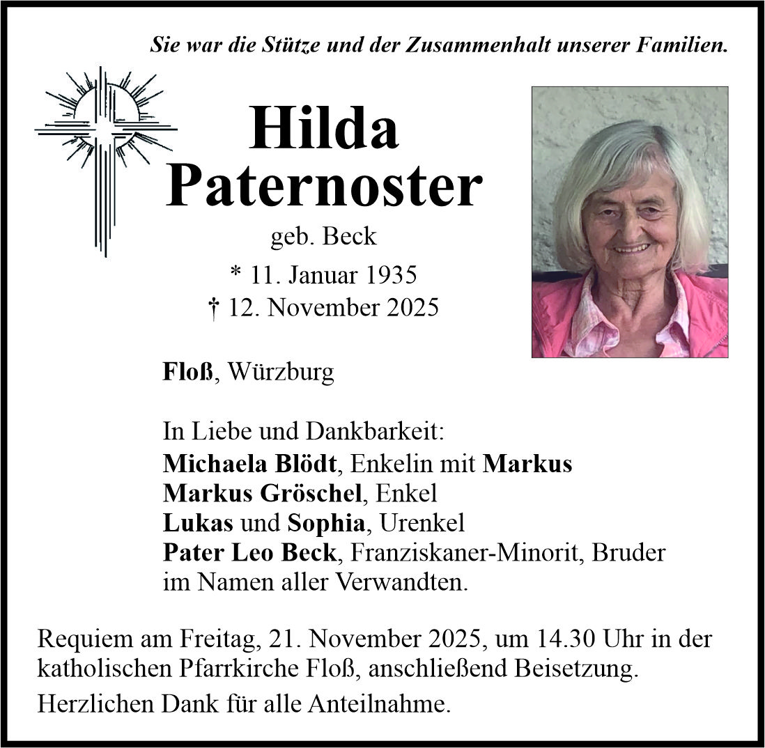 Traueranzeige Hilda Paternoster, Floß