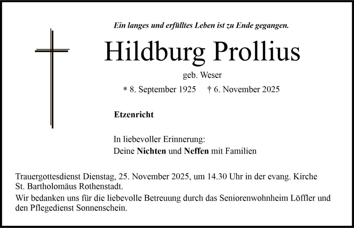 Traueranzeige Hildburg Prollius, Etzenricht