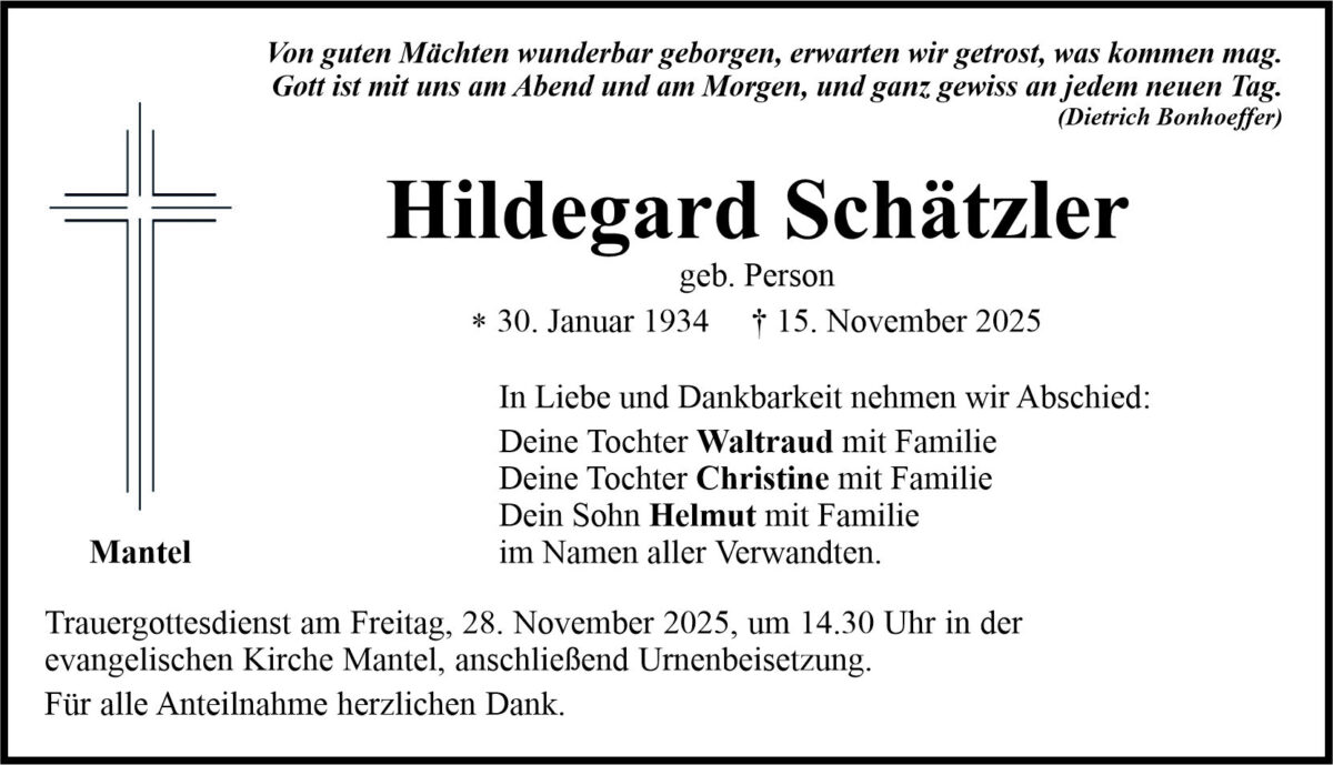 Traueranzeige Hildegard Schätzler, Mantel