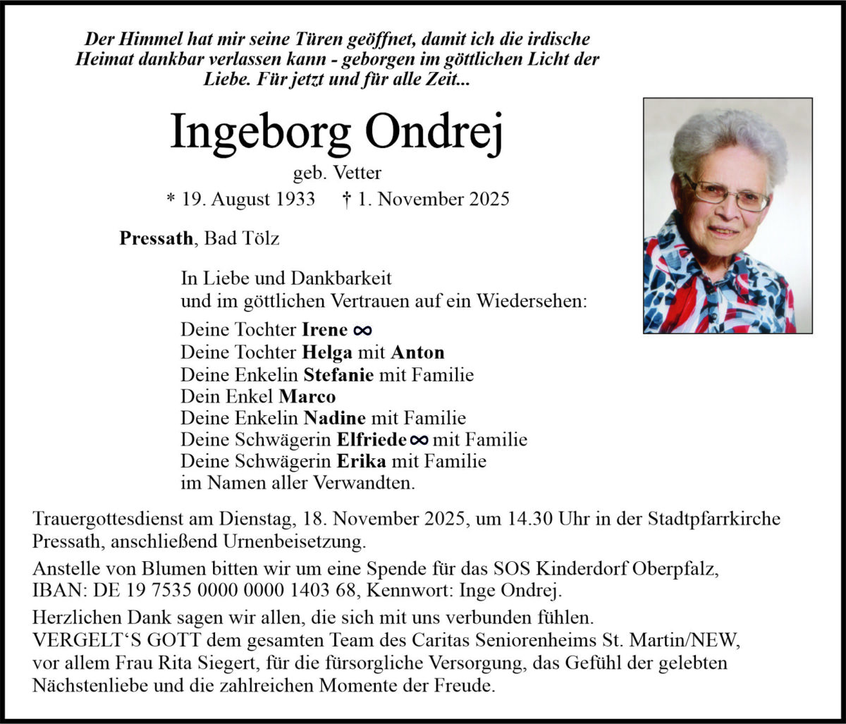 Traueranzeige Ingeborg Ondrej, Pressath