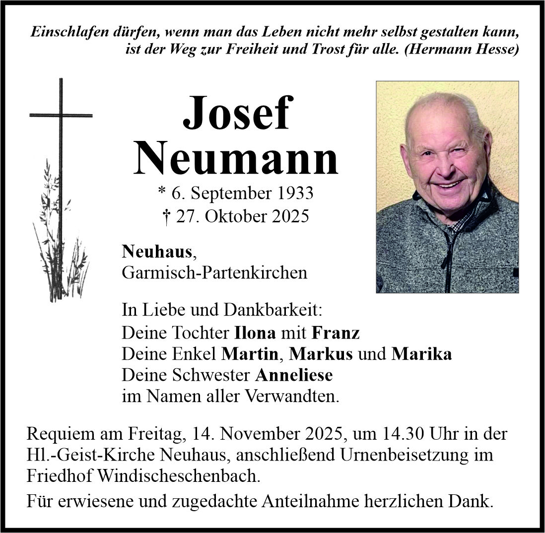 Traueranzeige Josef Neumann, Neuhaus