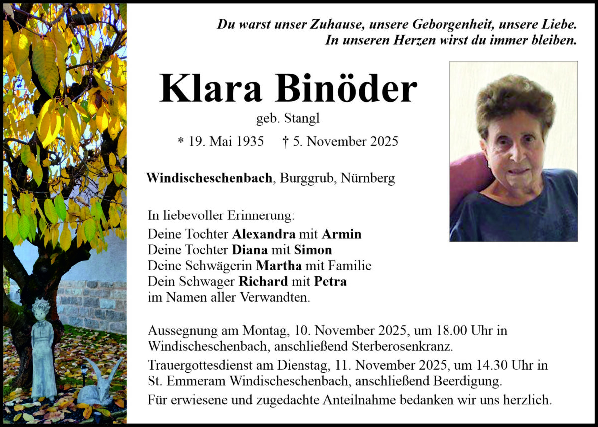 Traueranzeige Klara Binöder, Windischeschenbach