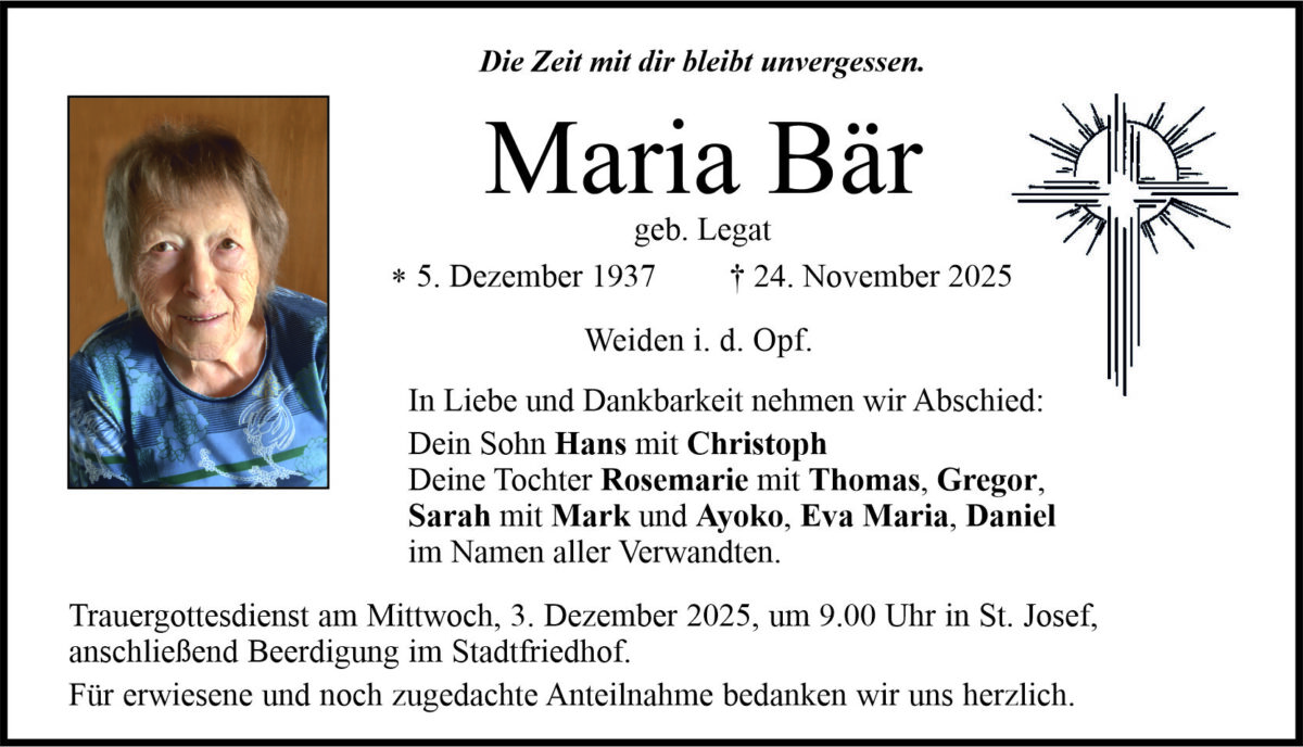 Traueranzeige Margareta Bär, Weiden