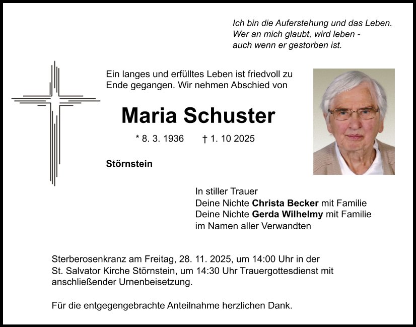 Traueranzeige Maria Schuster, Störnstein