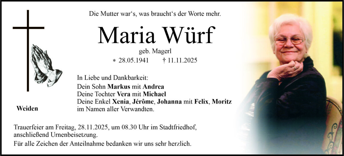Traueranzeige Maria Würf, Weiden
