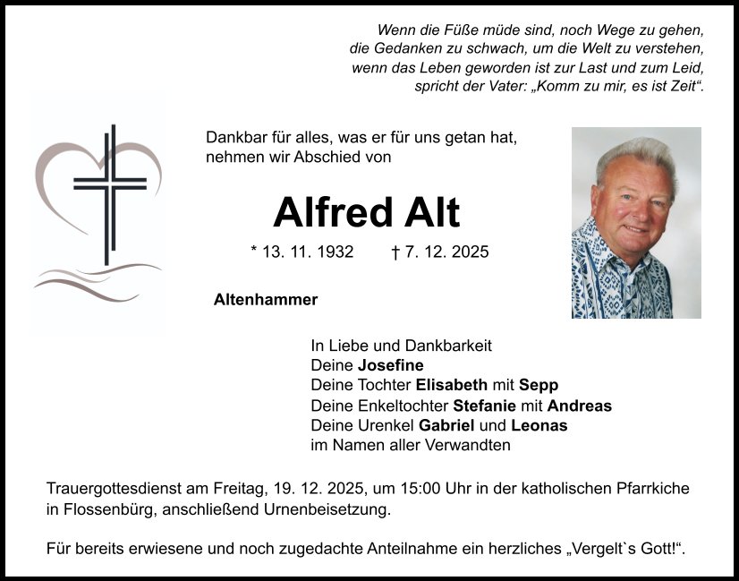 Traueranzeige Alfred Alt, Altenhammer