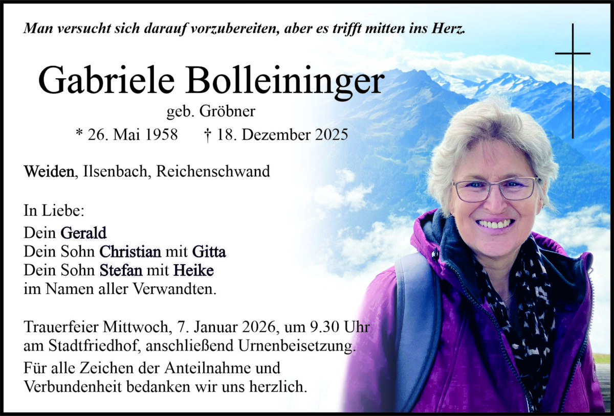 Traueranzeige Gabriele Bolleininger, Weiden