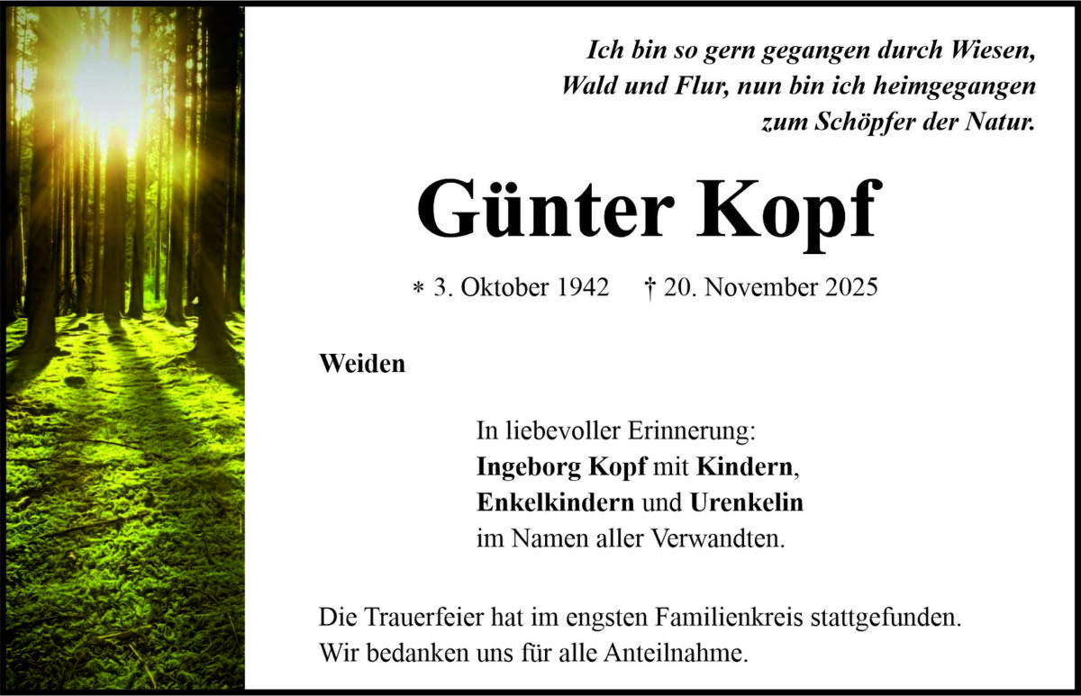 Traueranzeige Günter Kopf, Weiden