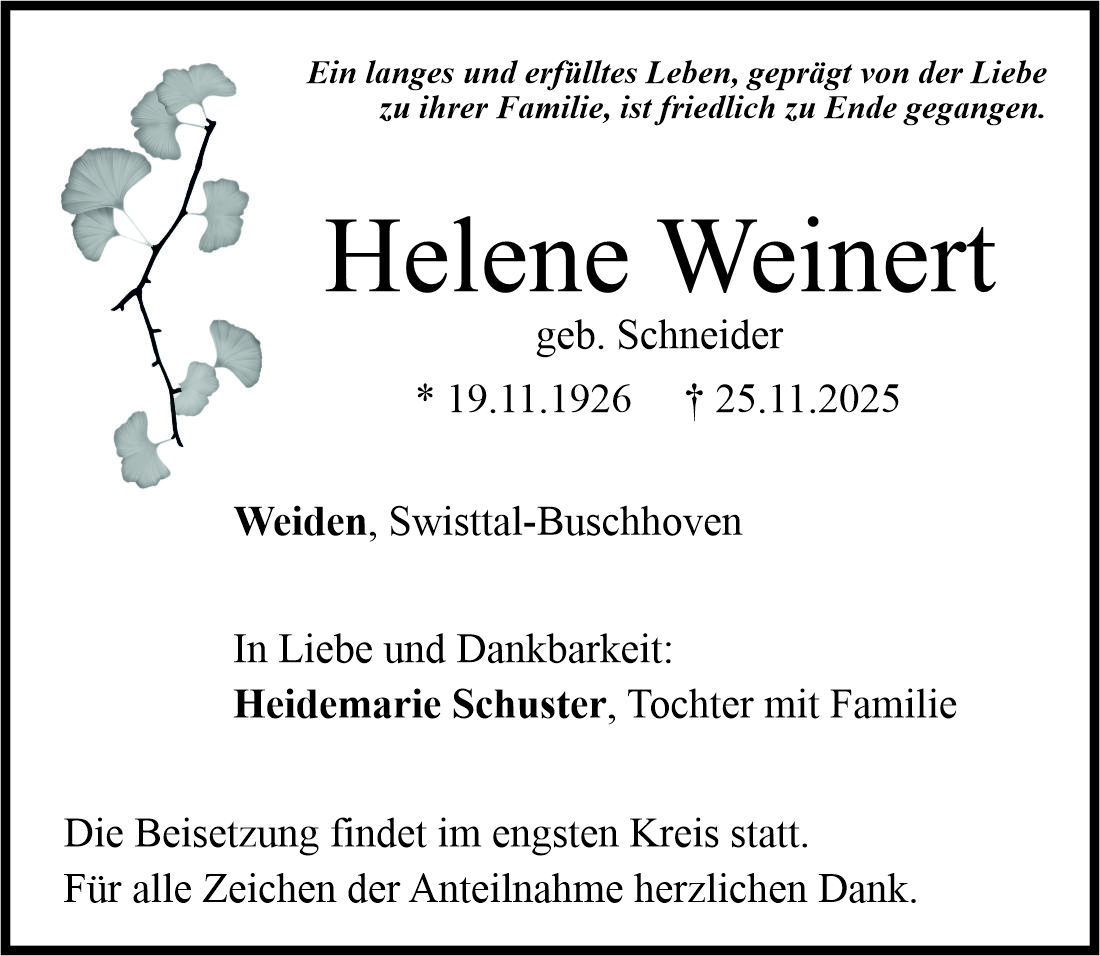 Traueranzeige Helene Weinert, Weiden