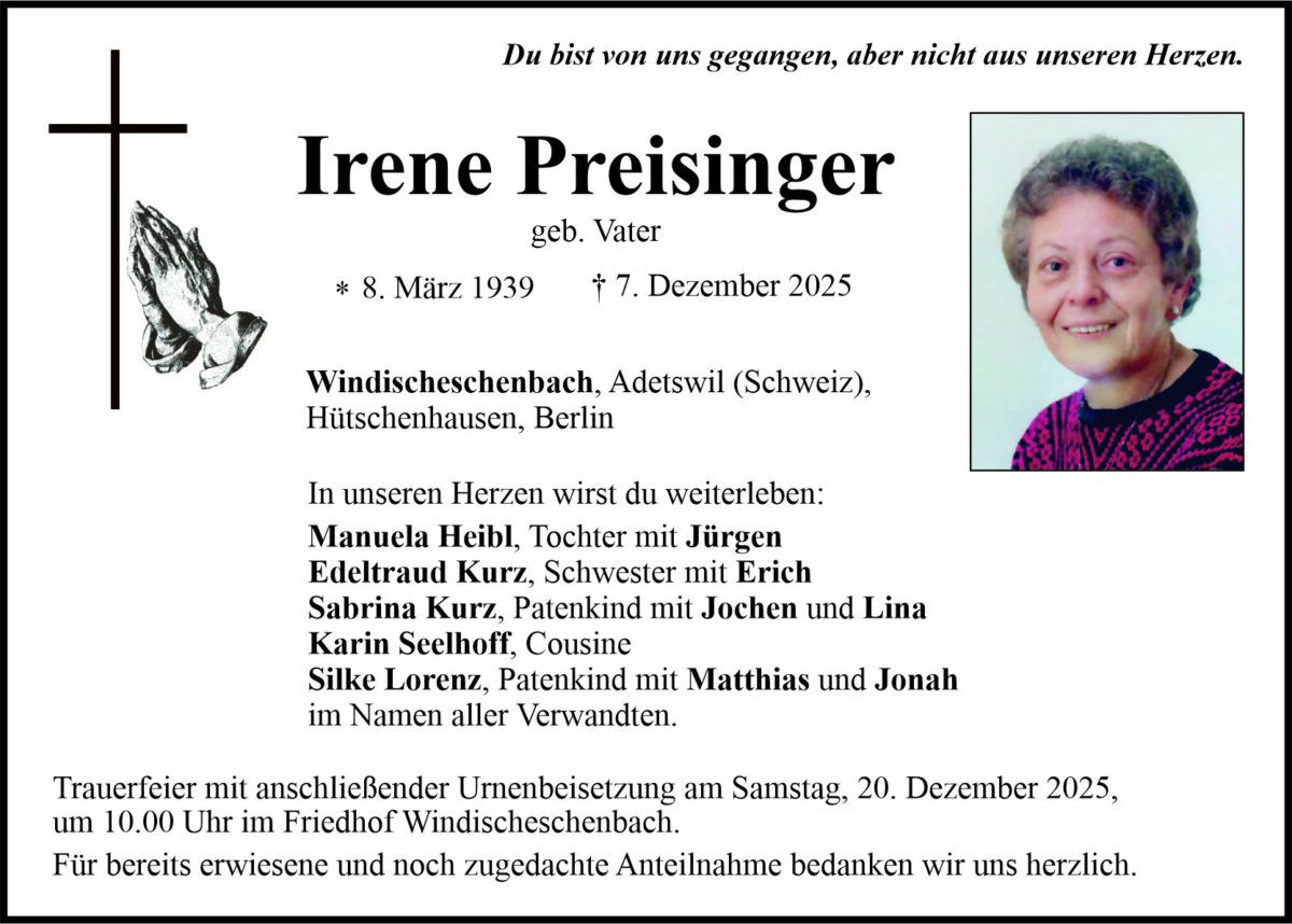 Traueranzeige Irene Preisinger, Windischeschenbach