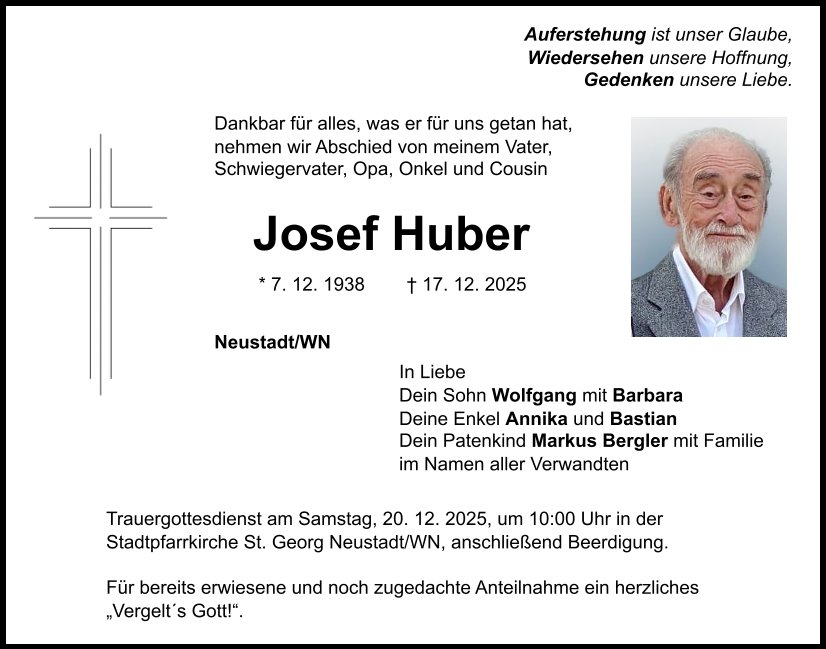 Traueranzeige Josef Huber, Neustadt/WN