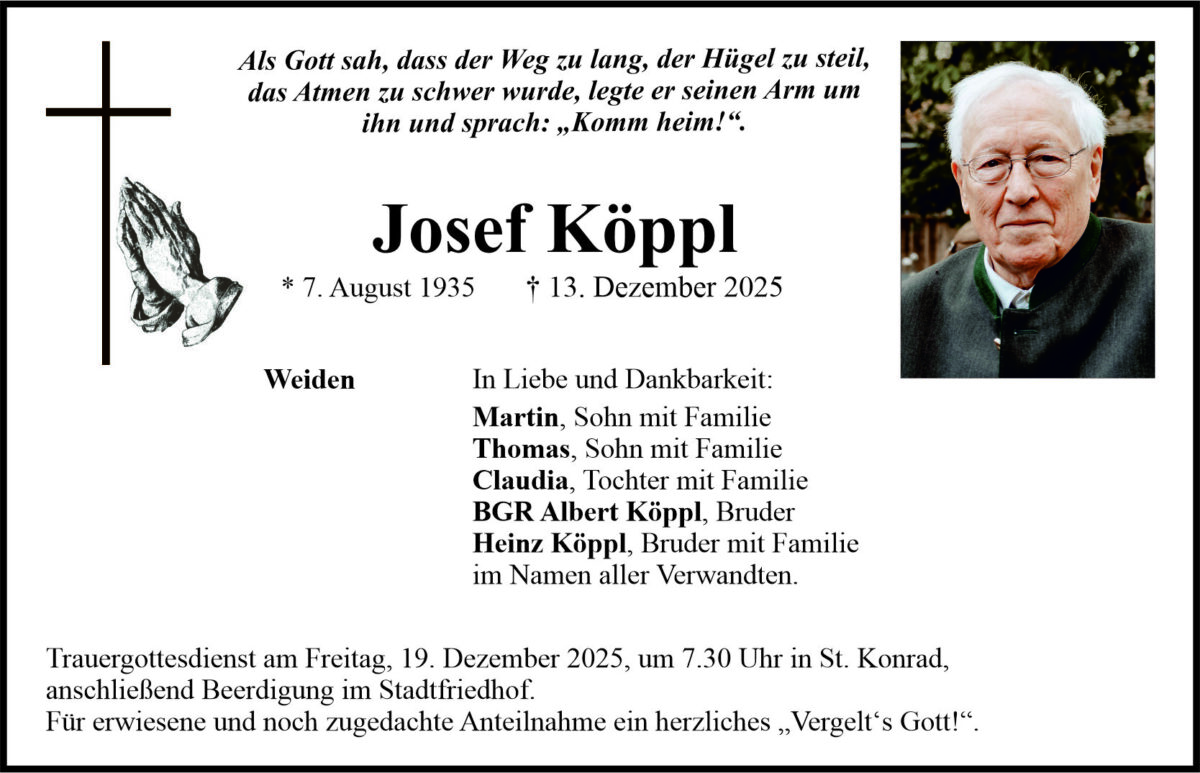 Traueranzeige Josef Köppl, Weiden