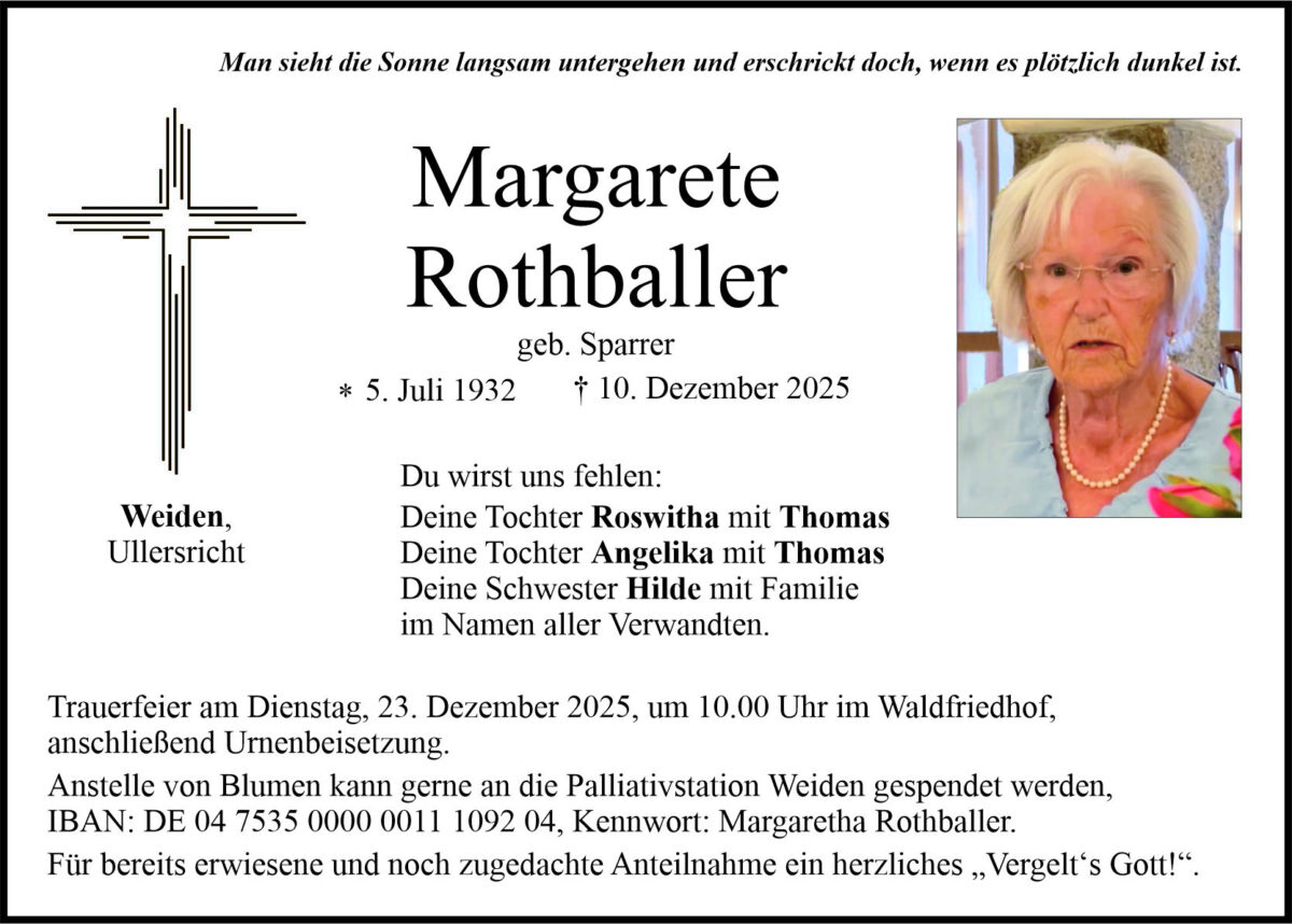 Traueranzeige Margarete Rothballer, Weiden