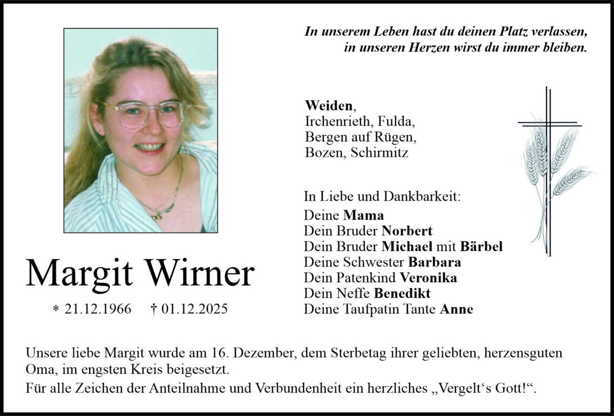 Traueranzeige Margit Wirner, Weiden