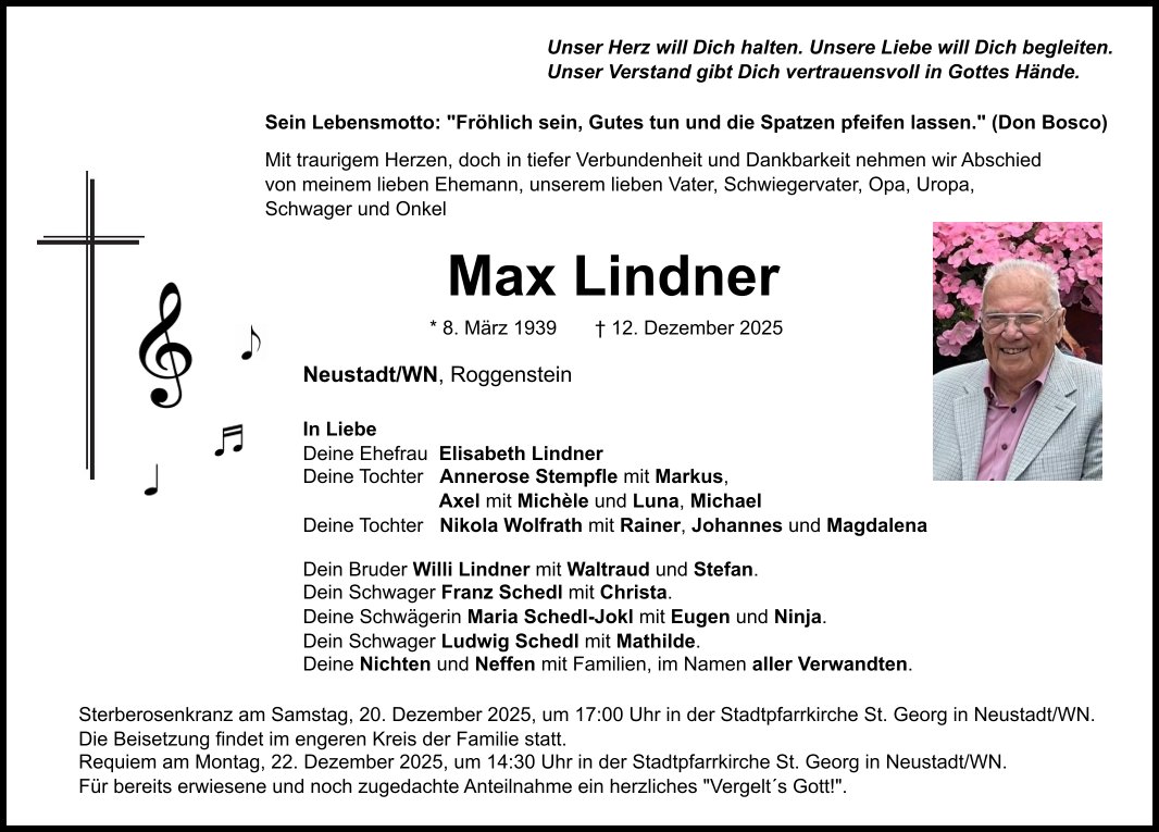 Traueranzeige Max Lindner, Neustadt/WN