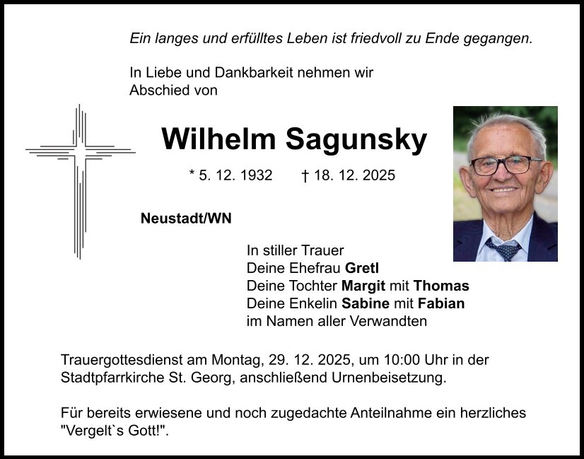 Traueranzeige Wilhelm Sagunsky, Neustadt/WN