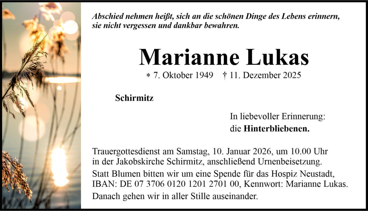 Traueranzeige Marianne Lukas, Schirmitz
