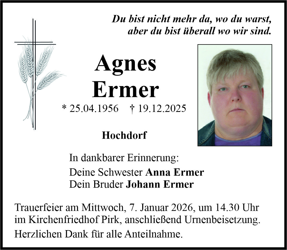 Traueranzeige Agnes Ermer, Hochdorf