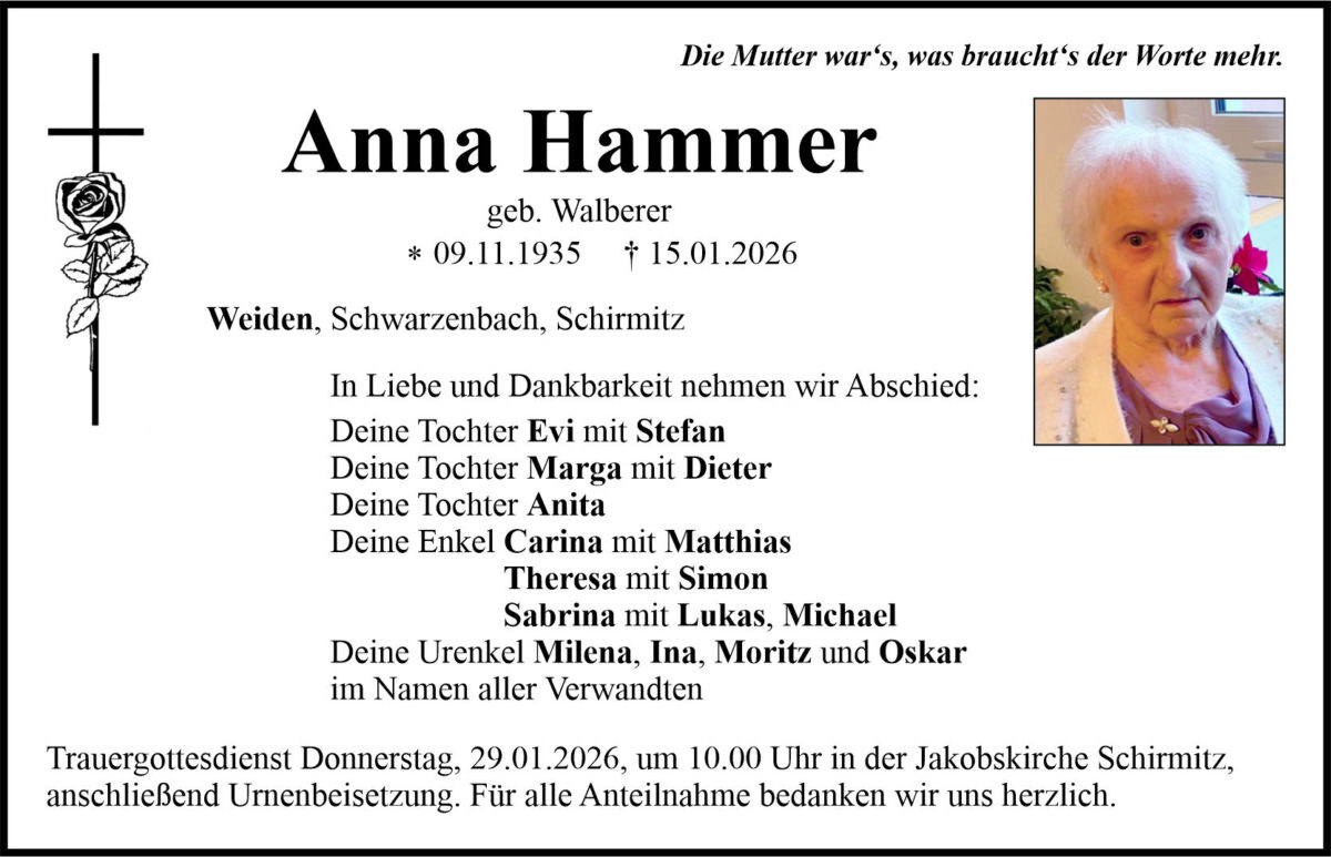 Traueranzeige Anna Hammer, Weiden