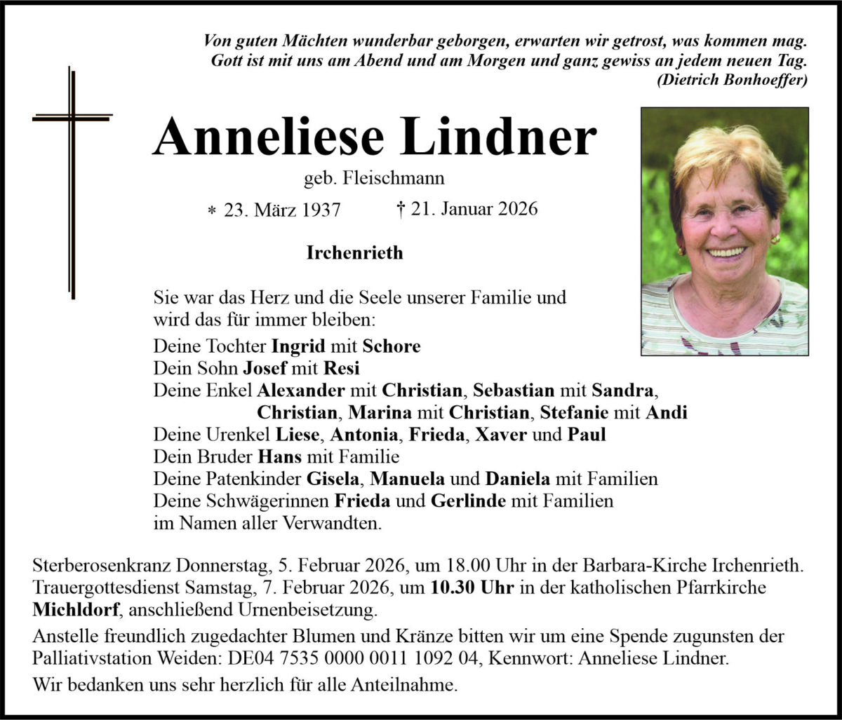 Traueranzeige Anneliese Lindner, Irchenrieth