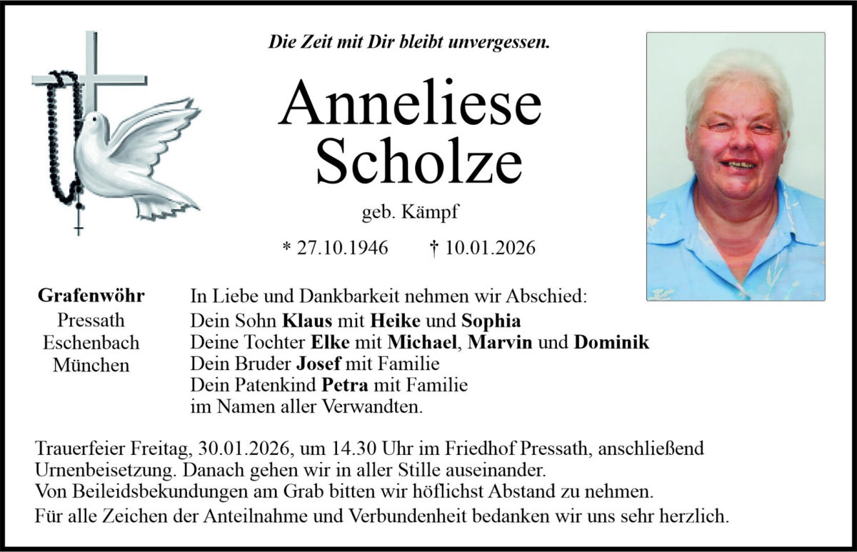 Traueranzeige Anneliese Scholze, Pressath