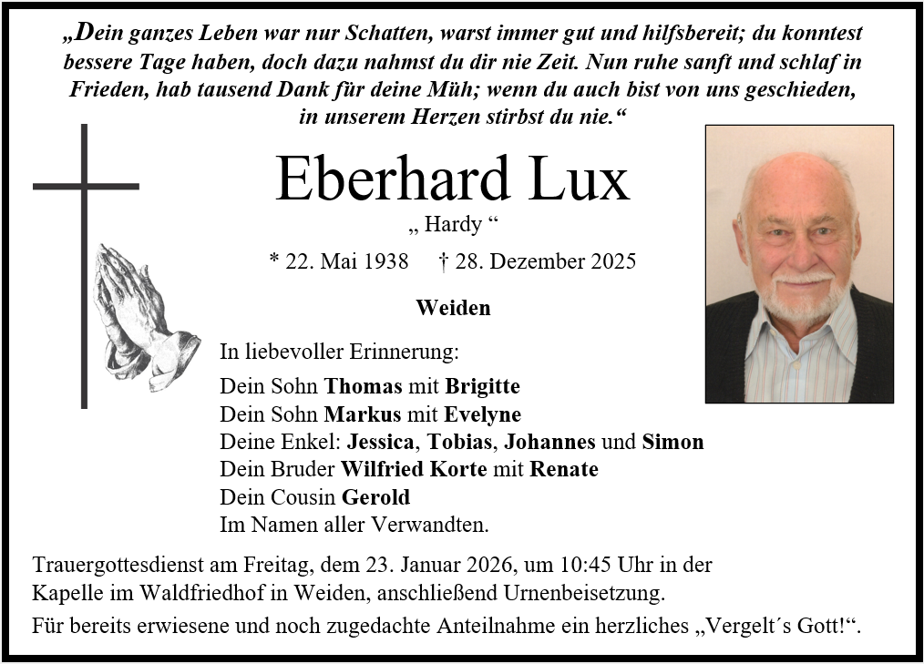 Traueranzeige Eberhard Lux, Weiden