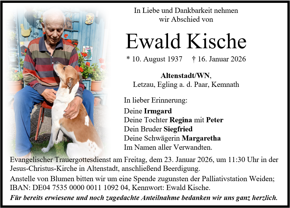 Traueranzeige Ewald Kische, Altenstadt/WN