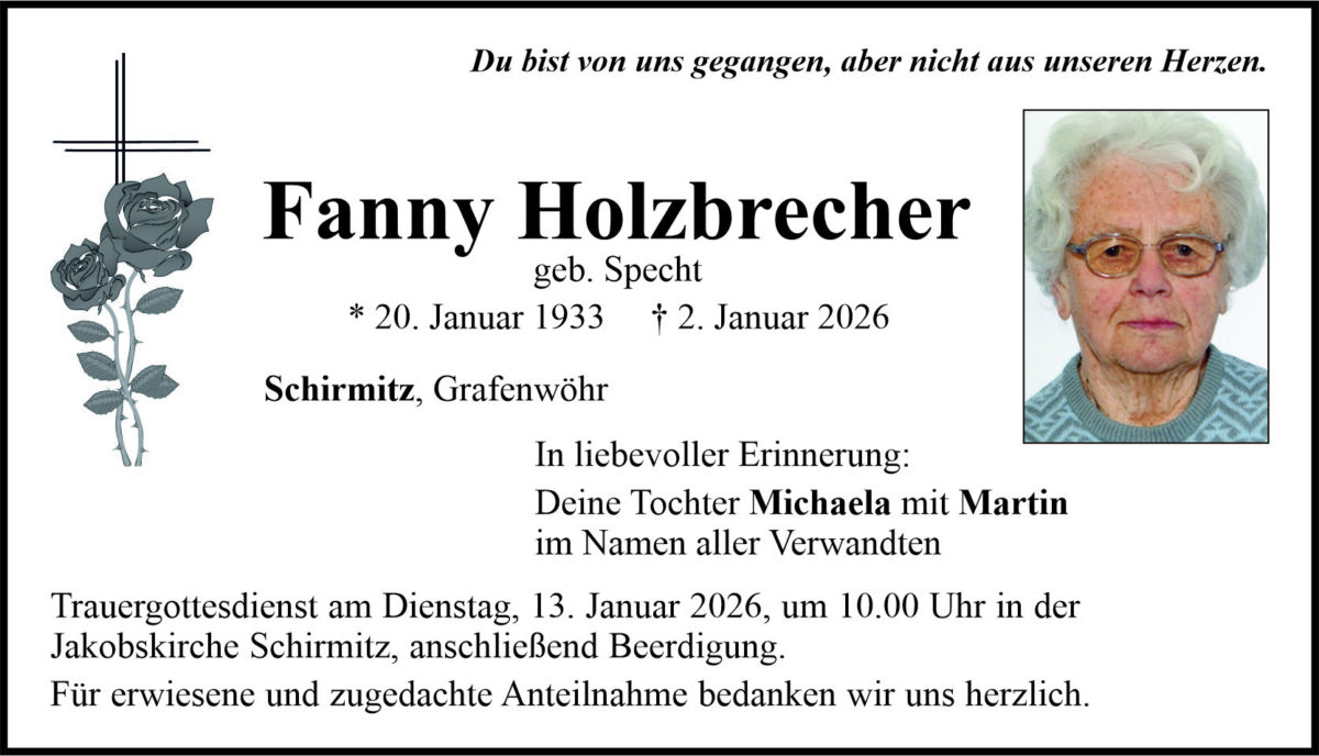 Traueranzeige Fanny Holzbrecher, Schirmitz
