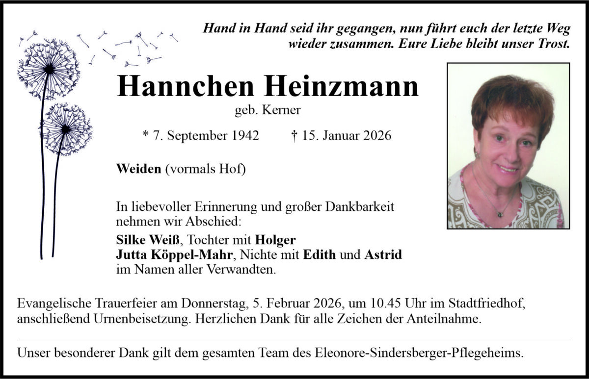 Traueranzeige Hannchen Heinzmann, Weiden