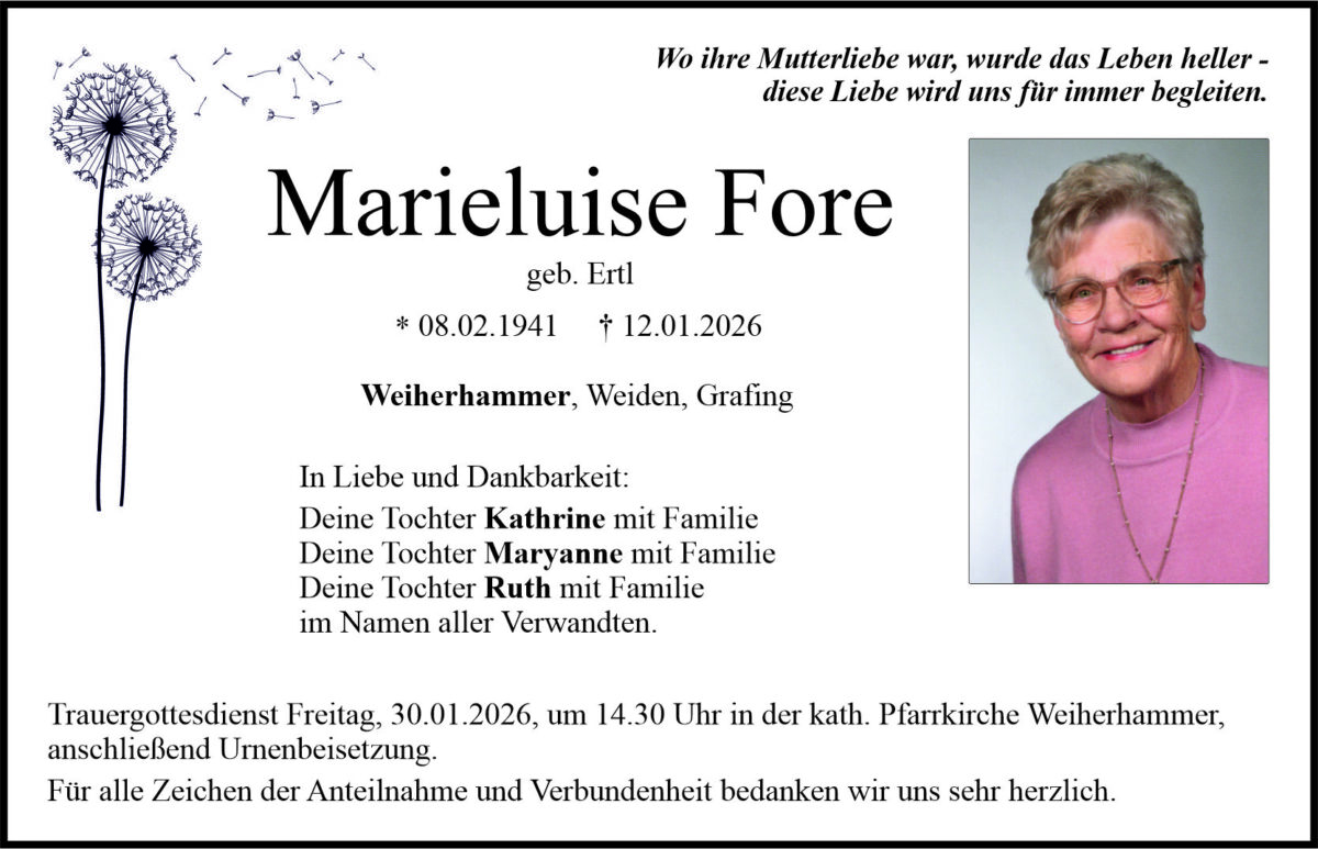 Traueranzeige Marieluise Fore, Weiherhammer